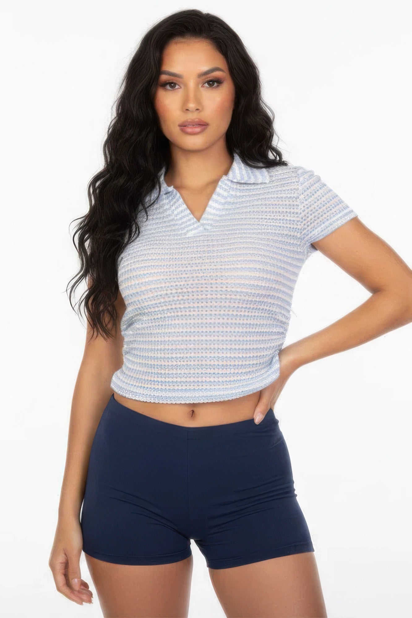 Women's Pineapple Knit Striped Polo Crop Top product image
