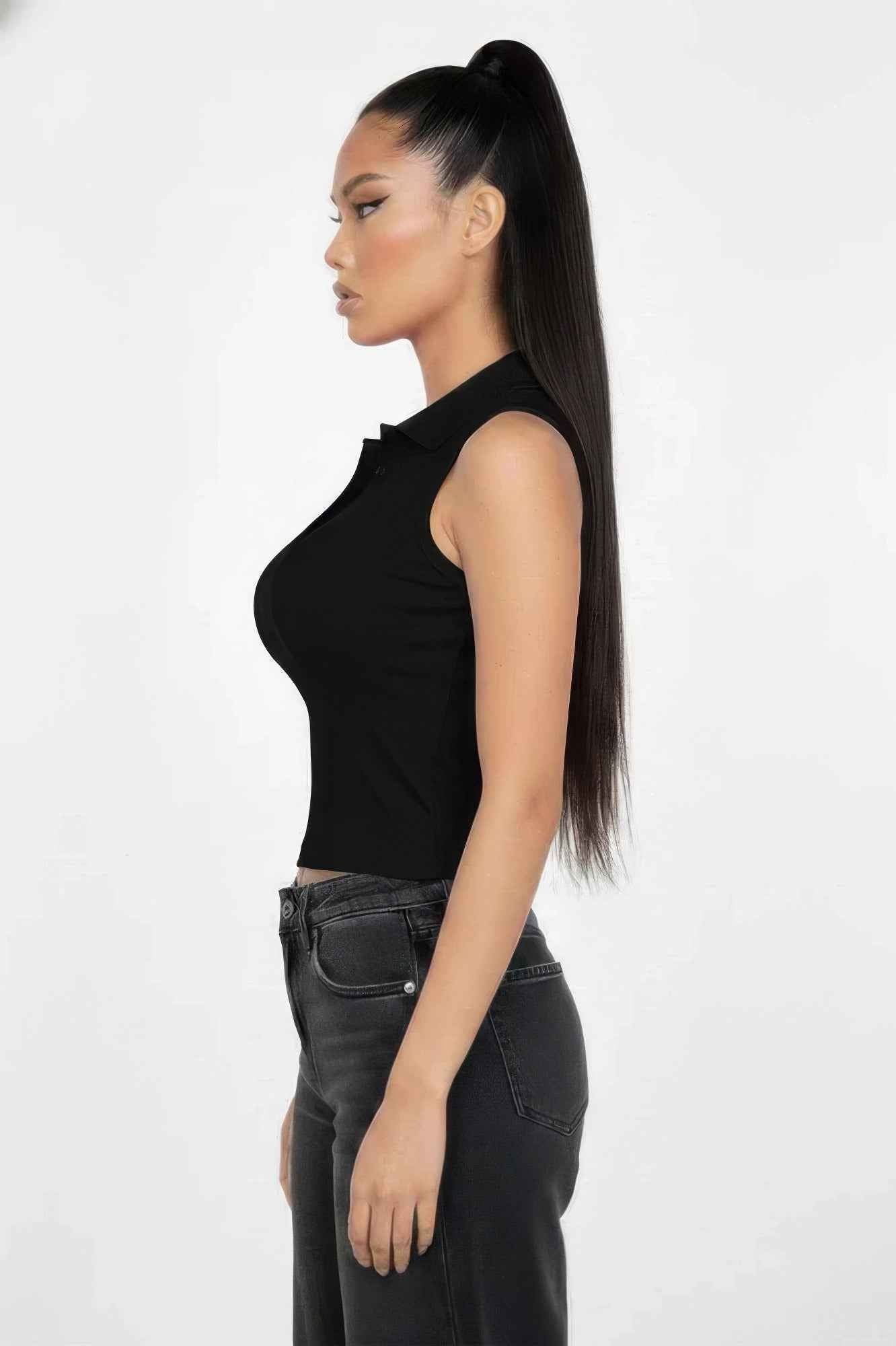 Slim-fit Sleeveless Polo Collar Crop Top Slim-fit Sleeveless Polo Collar Crop Top