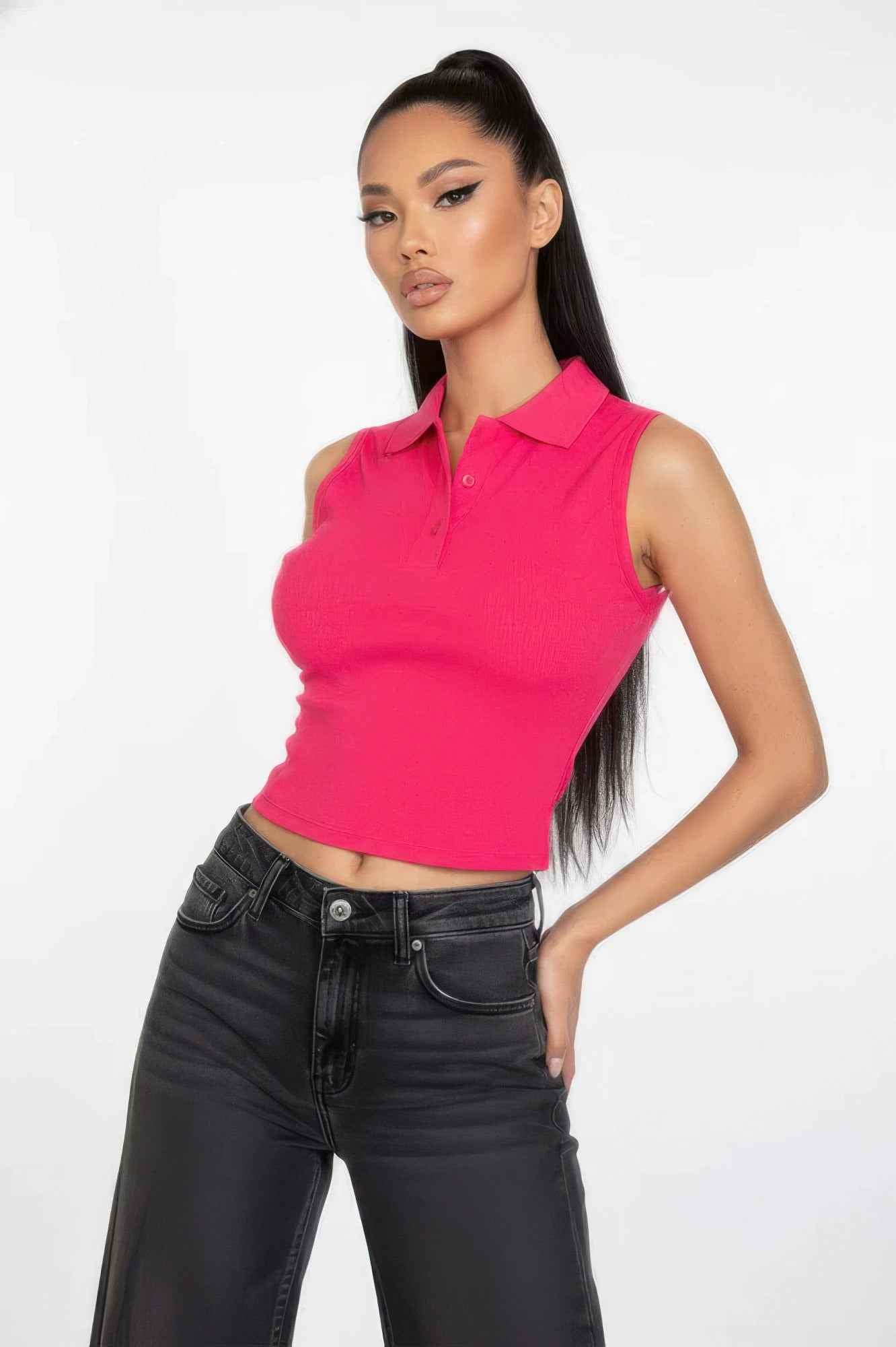 Slim-fit Sleeveless Polo Collar Crop Top Slim-fit Sleeveless Polo Collar Crop Top