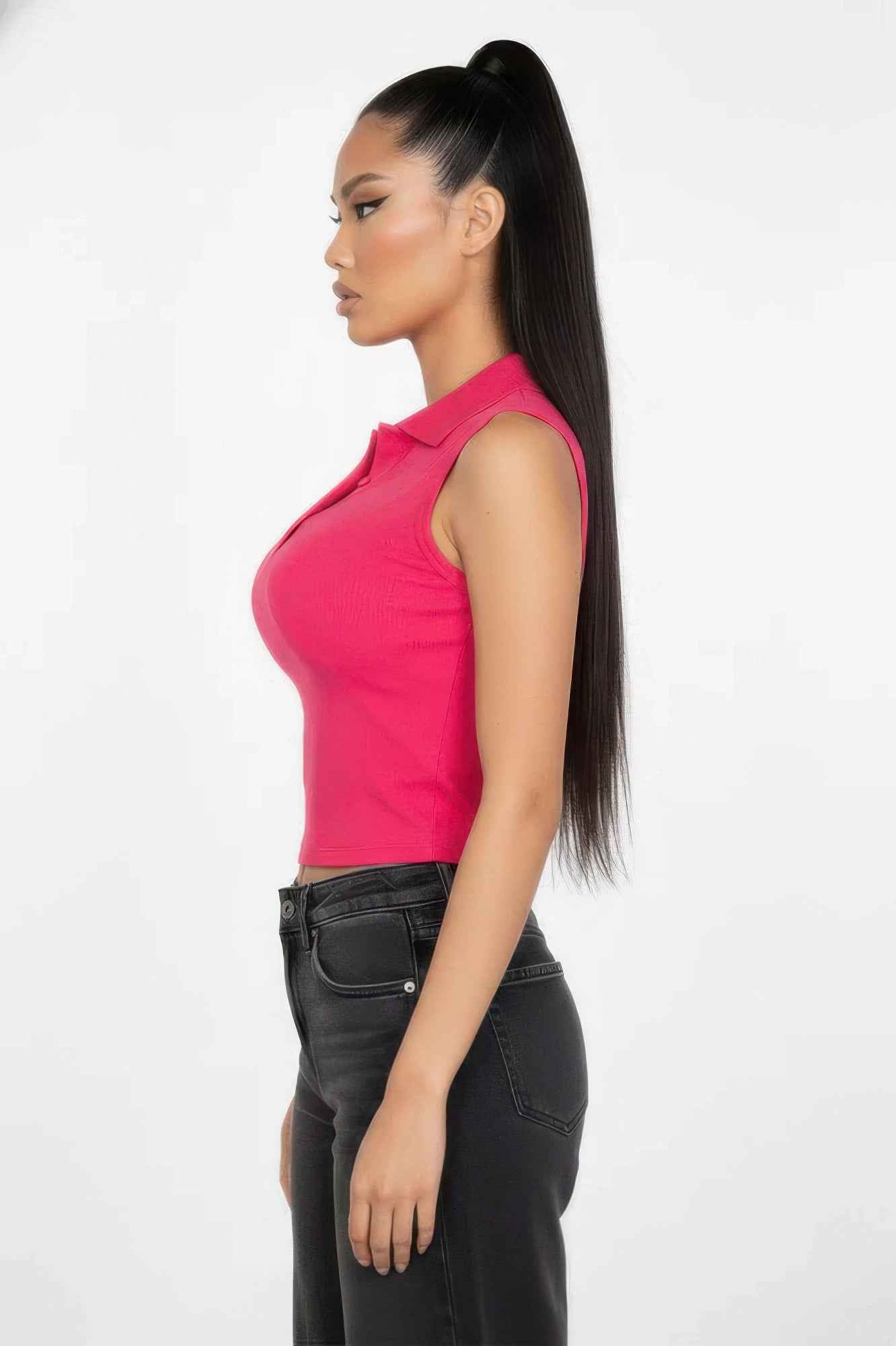 Slim-fit Sleeveless Polo Collar Crop Top Slim-fit Sleeveless Polo Collar Crop Top