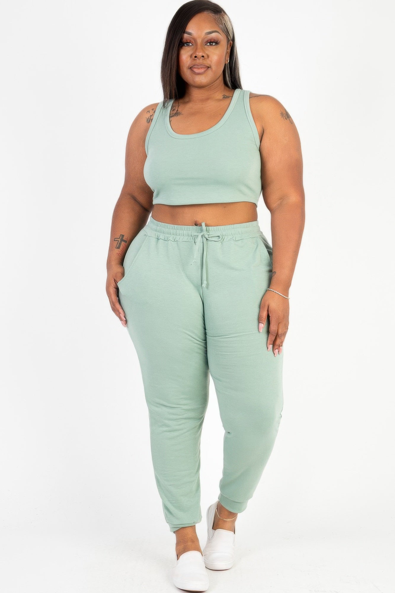 Plus Size French Terry Cropped Tank Top & Joggers Set product image