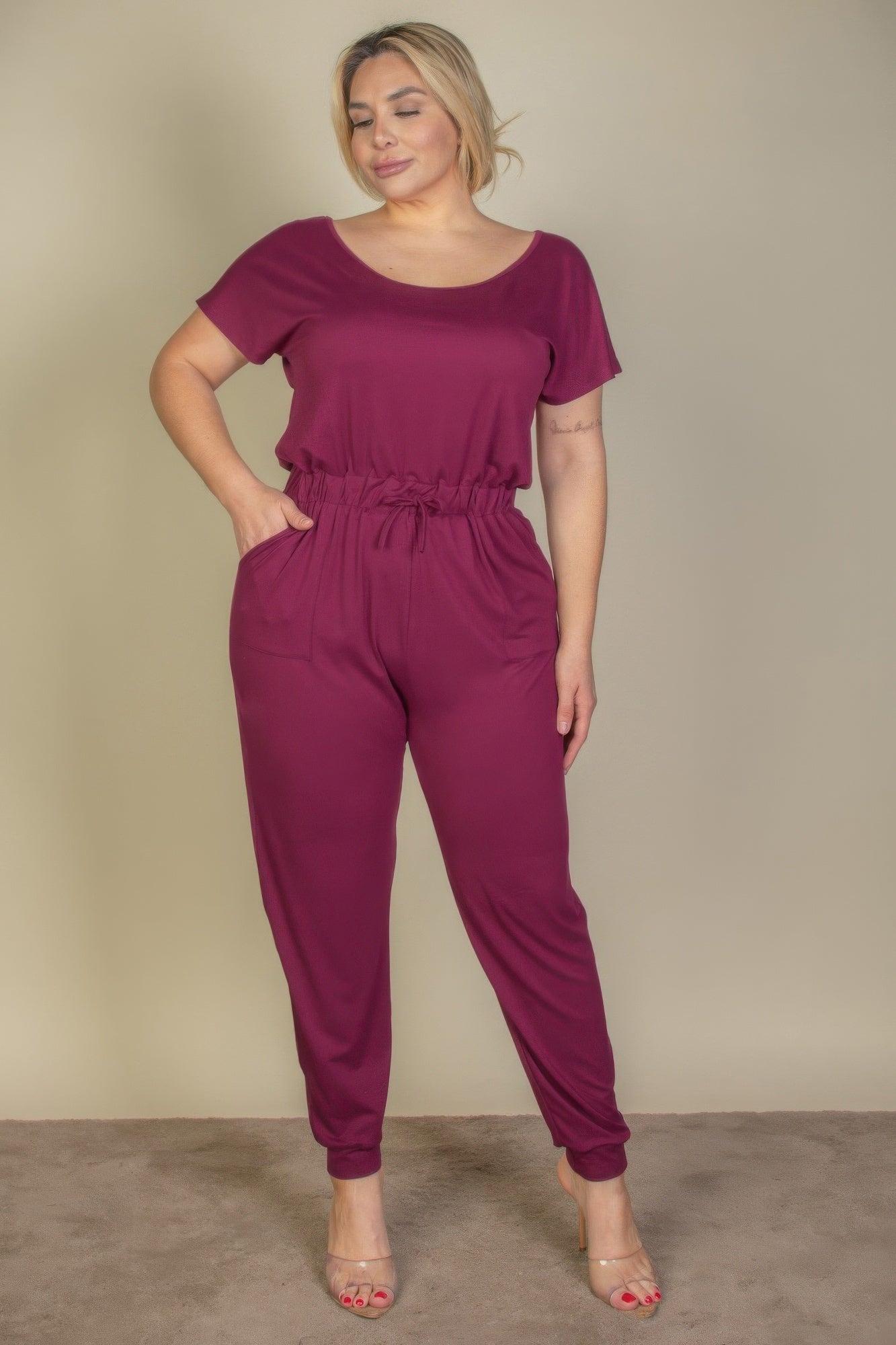 Plus Size Solid Drawstring Short Sleeve Jumpsuit product image