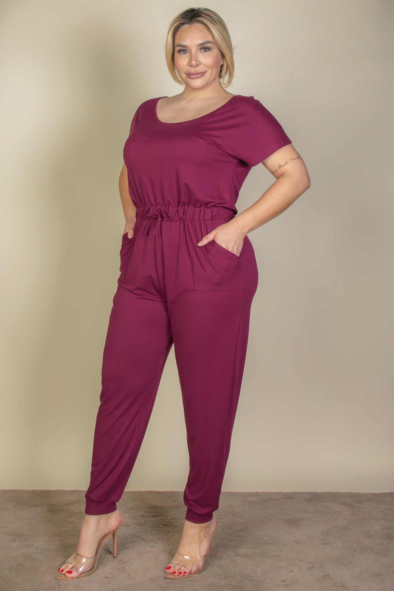 Plus Size Solid Drawstring Short Sleeve Jumpsuit product image