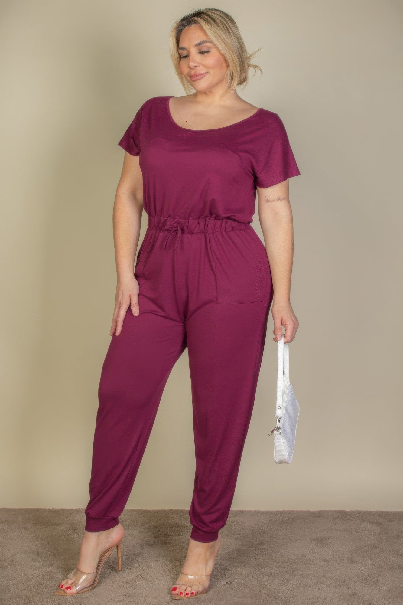 Plus Size Solid Drawstring Short Sleeve Jumpsuit product image