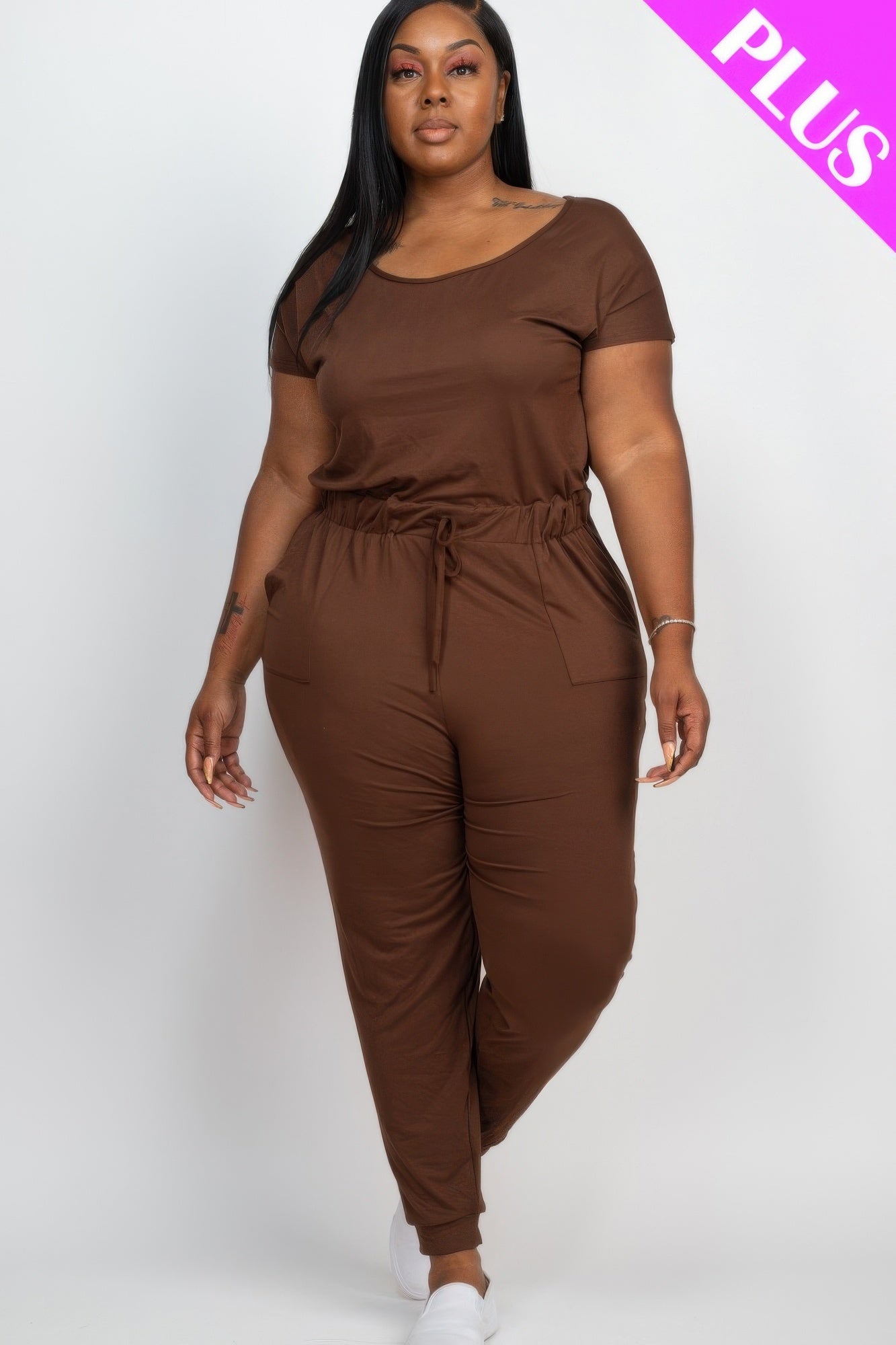 Plus Size Solid Drawstring Short Sleeve Jumpsuit product image
