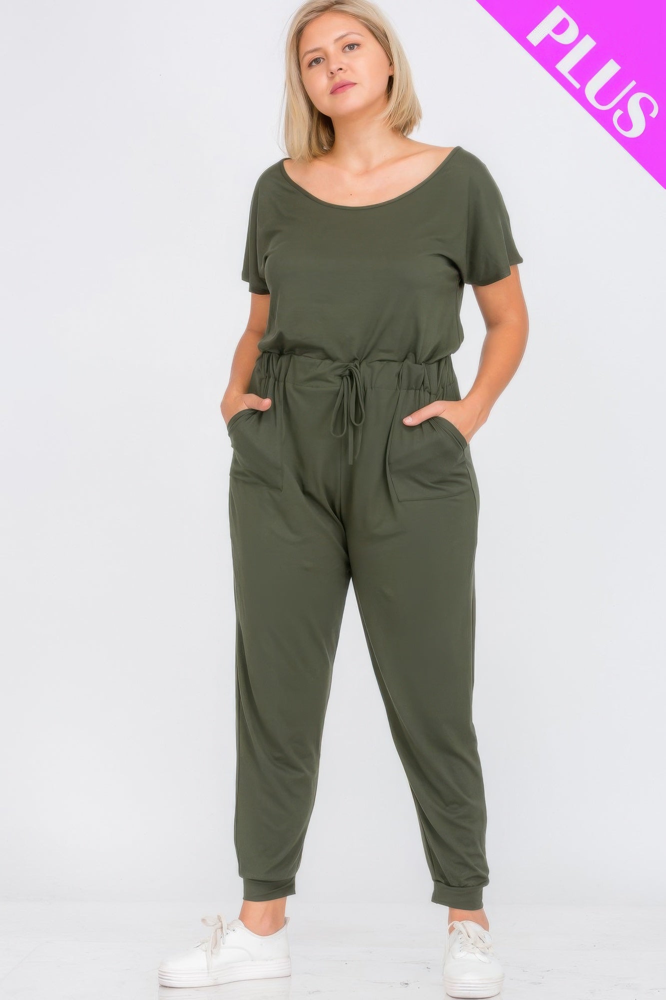 Plus Size Solid Drawstring Short Sleeve Jumpsuit product image