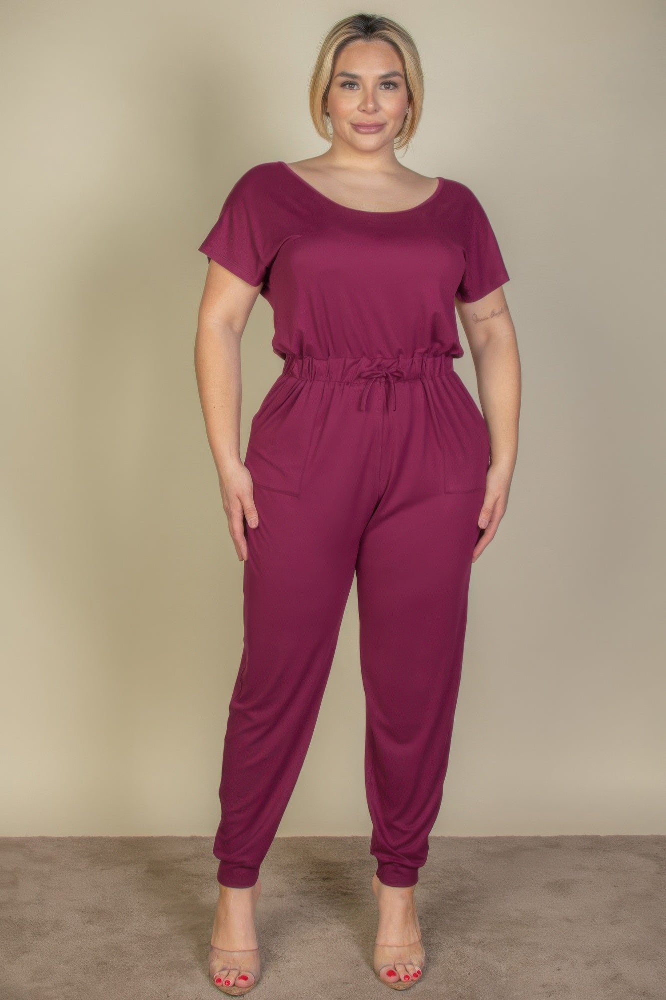 Plus Size Solid Drawstring Short Sleeve Jumpsuit product image