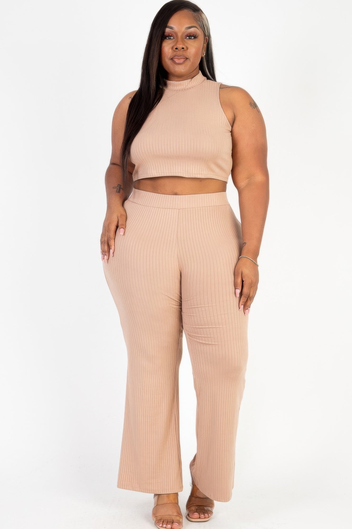 Plus Size Ribbed Mock Neck Crop Tank Top& Bootcut Pants Set product image