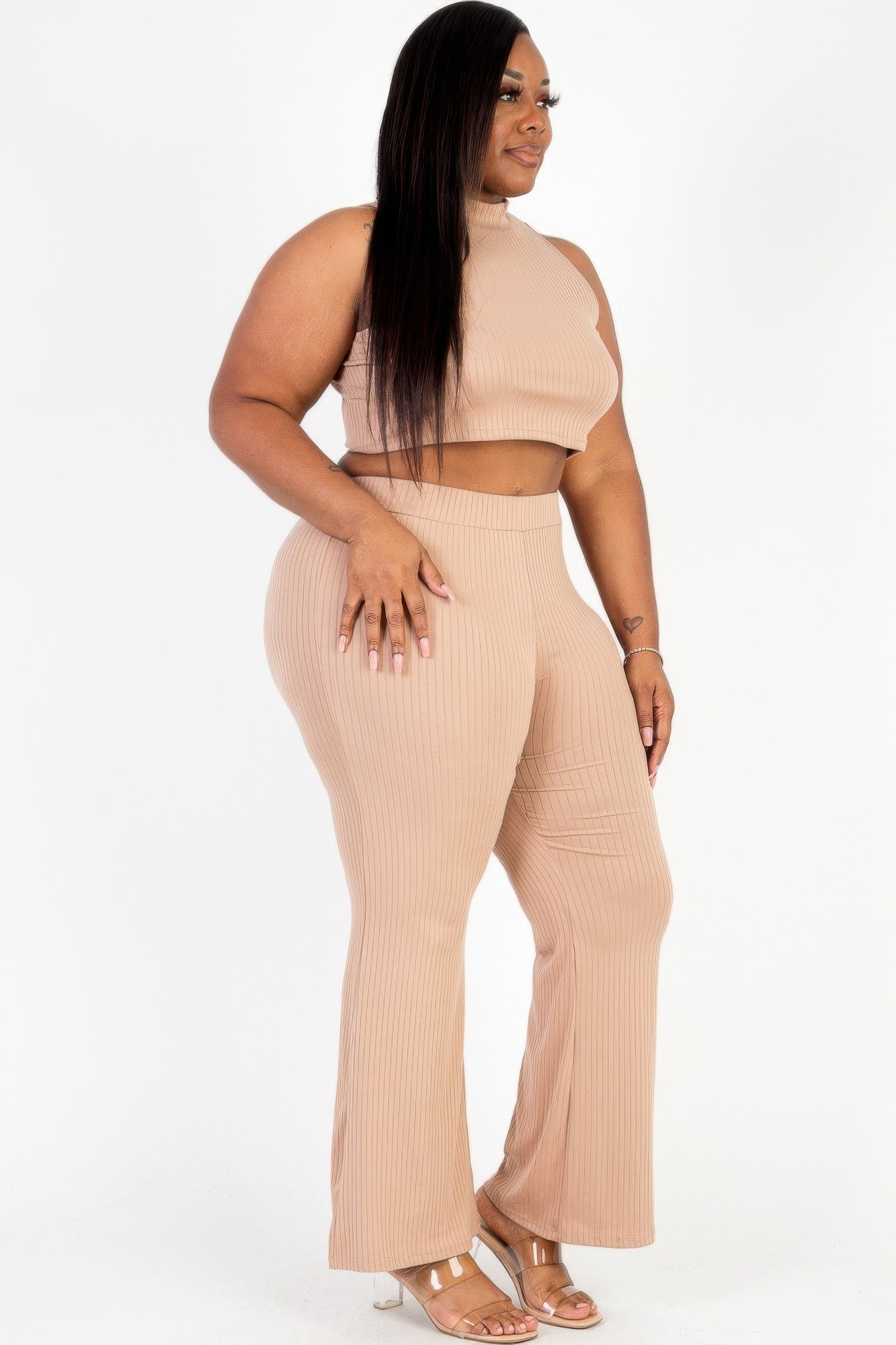 Plus Size Ribbed Mock Neck Crop Tank Top& Bootcut Pants Set product image