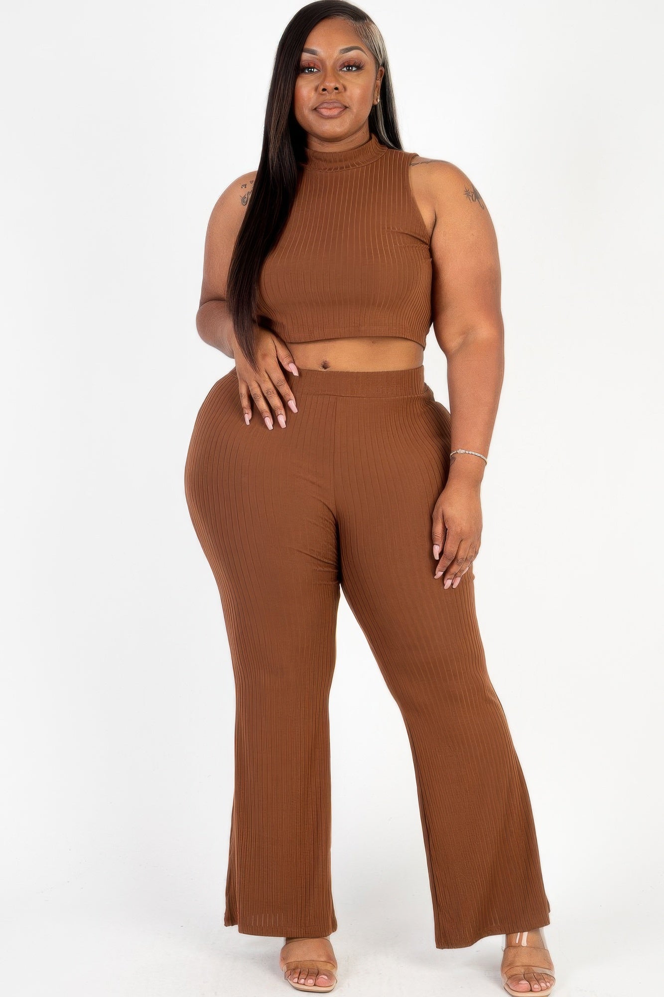 Plus Size Ribbed Mock Neck Crop Tank Top& Bootcut Pants Set product image