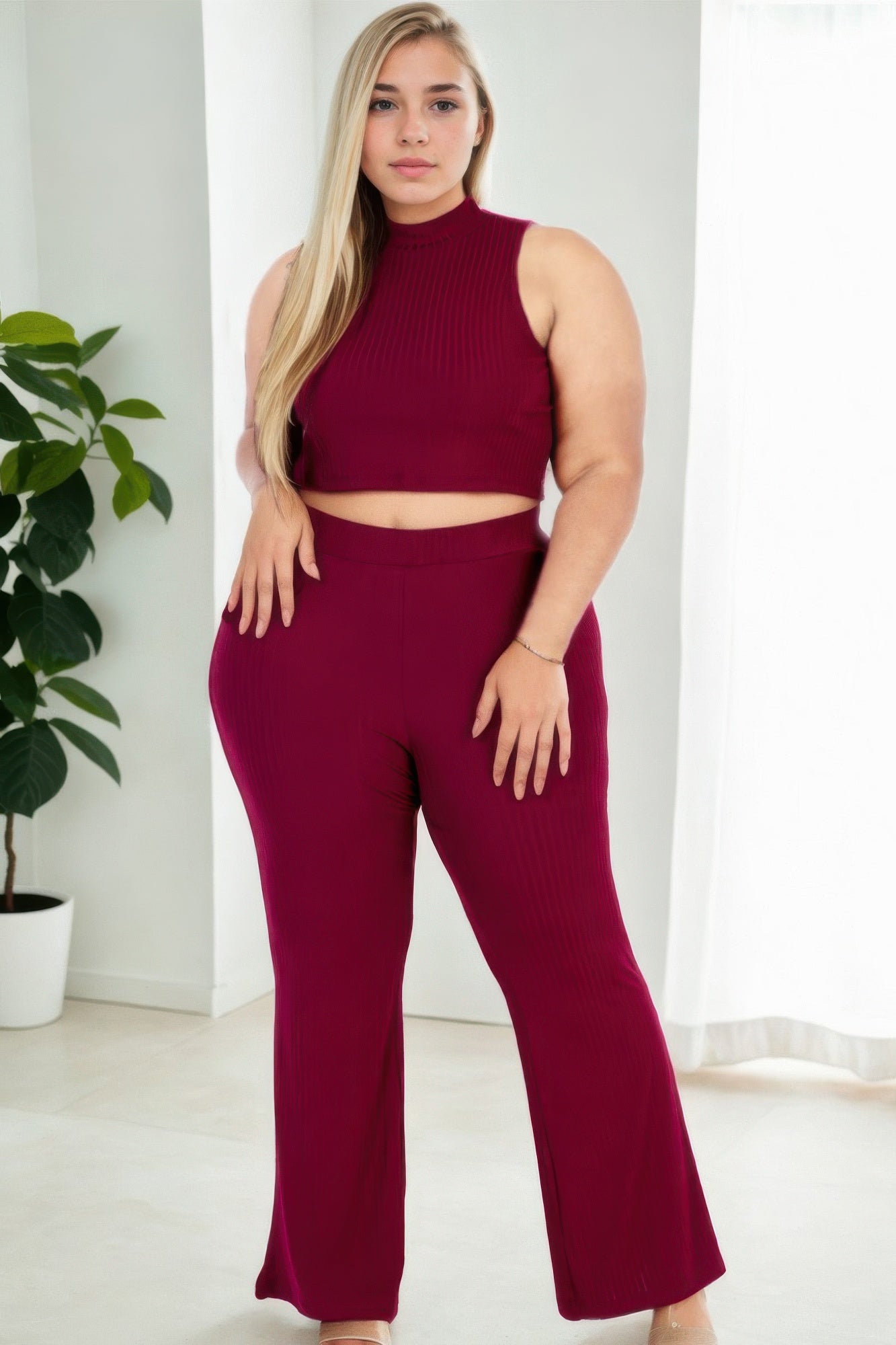 Plus Size Ribbed Mock Neck Crop Tank Top& Bootcut Pants Set product image