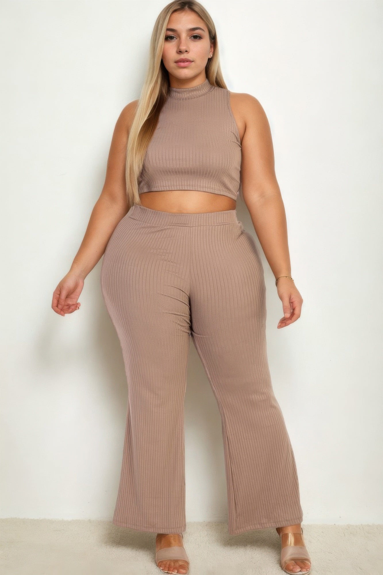 Plus Size Ribbed Mock Neck Crop Tank Top& Bootcut Pants Set product image