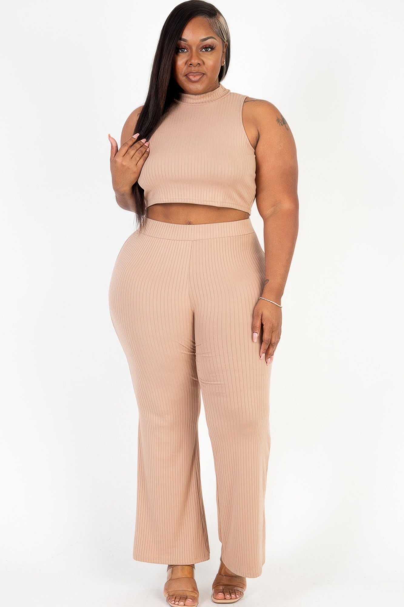 Plus Size Ribbed Mock Neck Crop Tank Top& Bootcut Pants Set product image