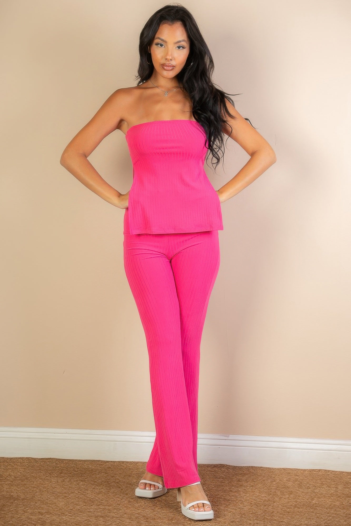Ribbed Side Slit Bandeau Top & Flare Pants Set product image