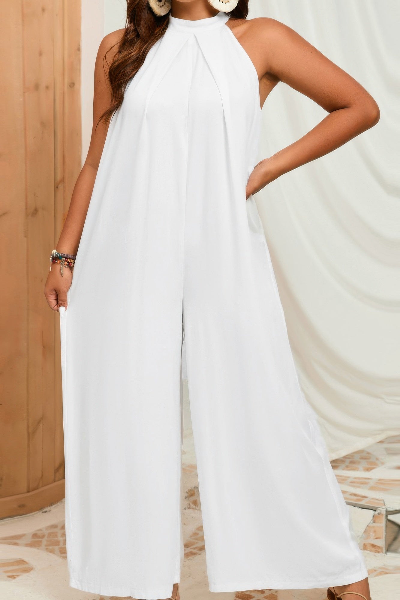Plus Solid Sleeveless Halter Wide Leg Jumpsuit product image