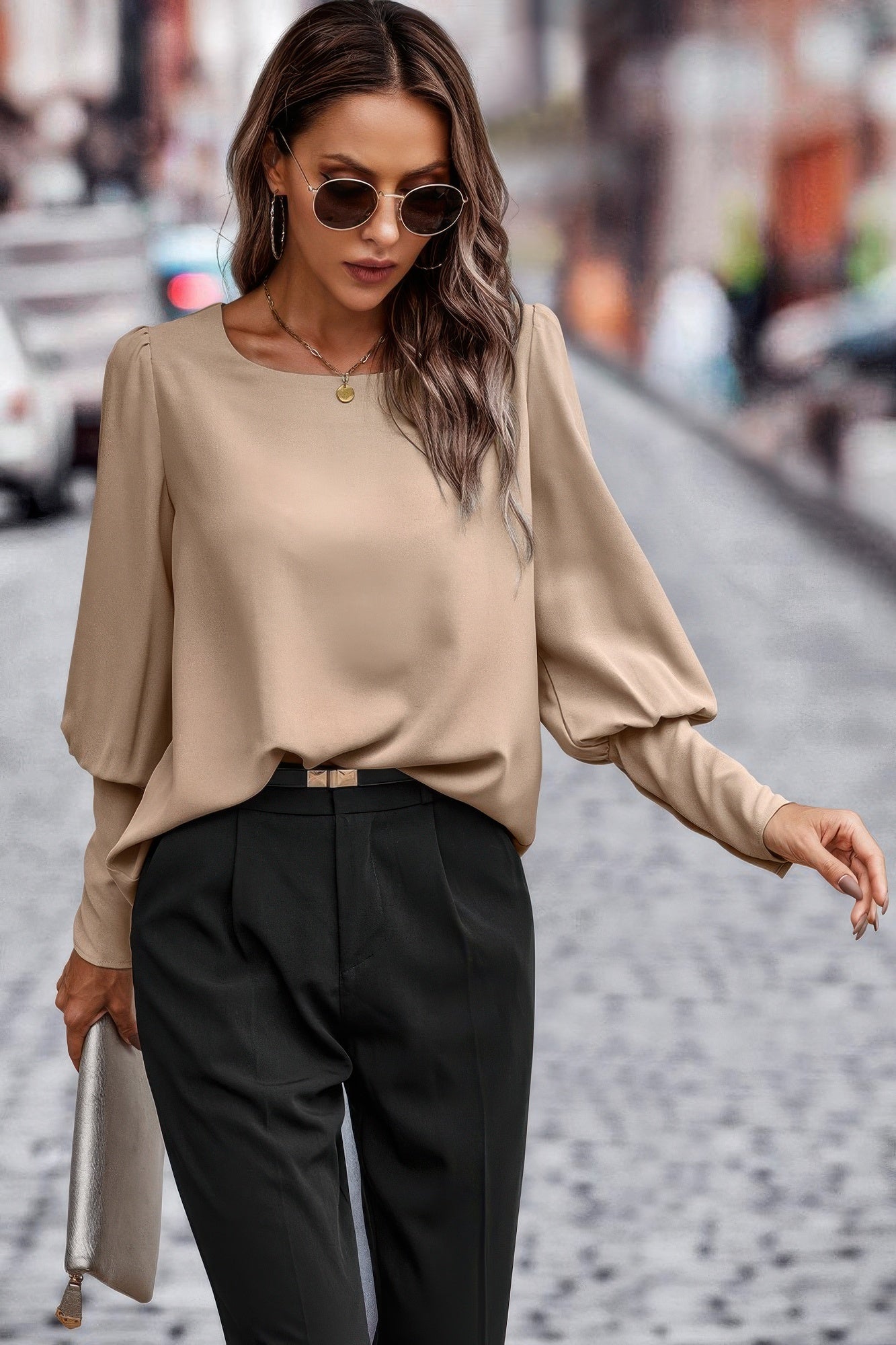 Crew Neck Solid Leg Of Mutton Sleeve Shirt product image