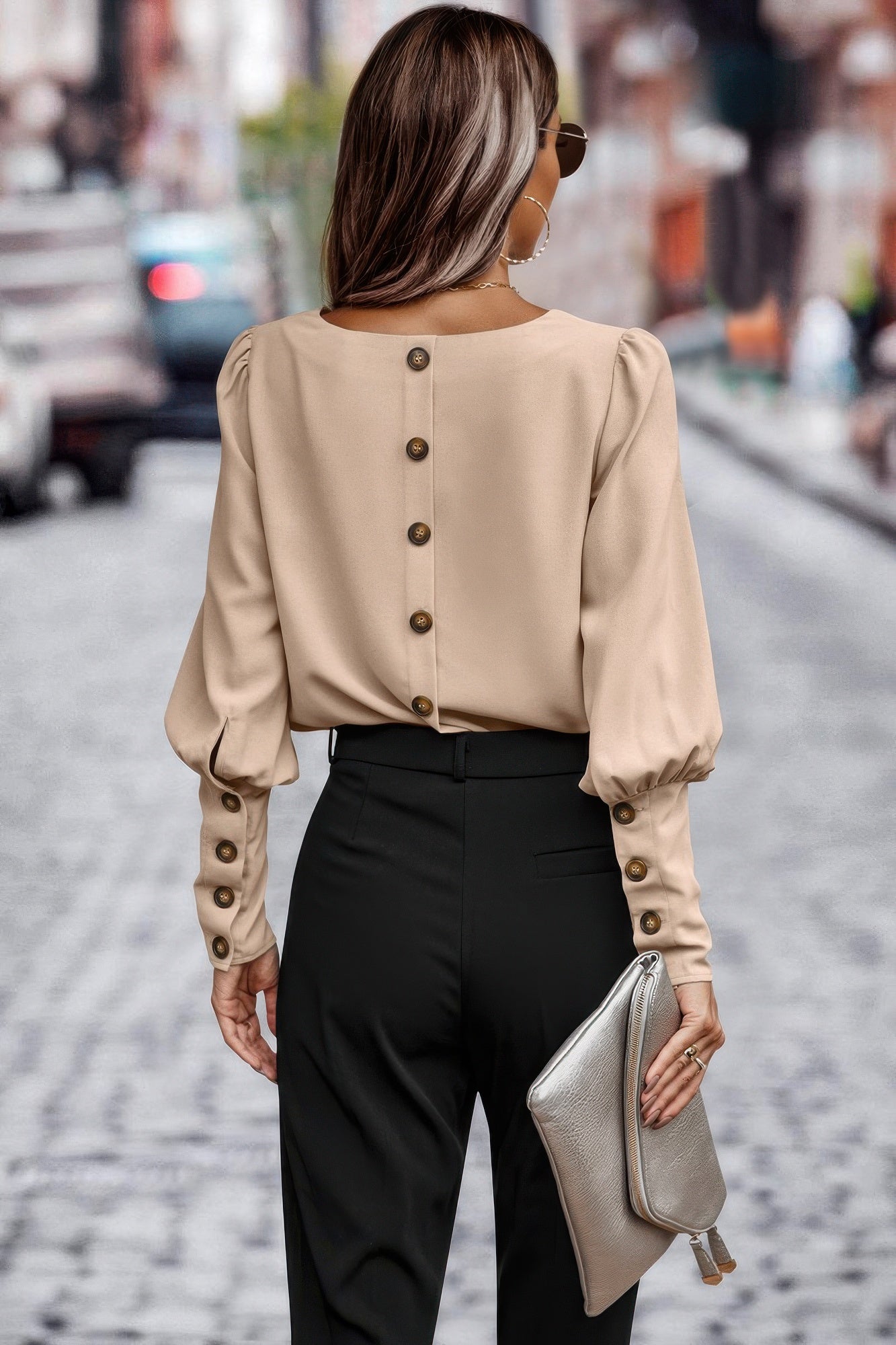 Crew Neck Solid Leg Of Mutton Sleeve Shirt product image