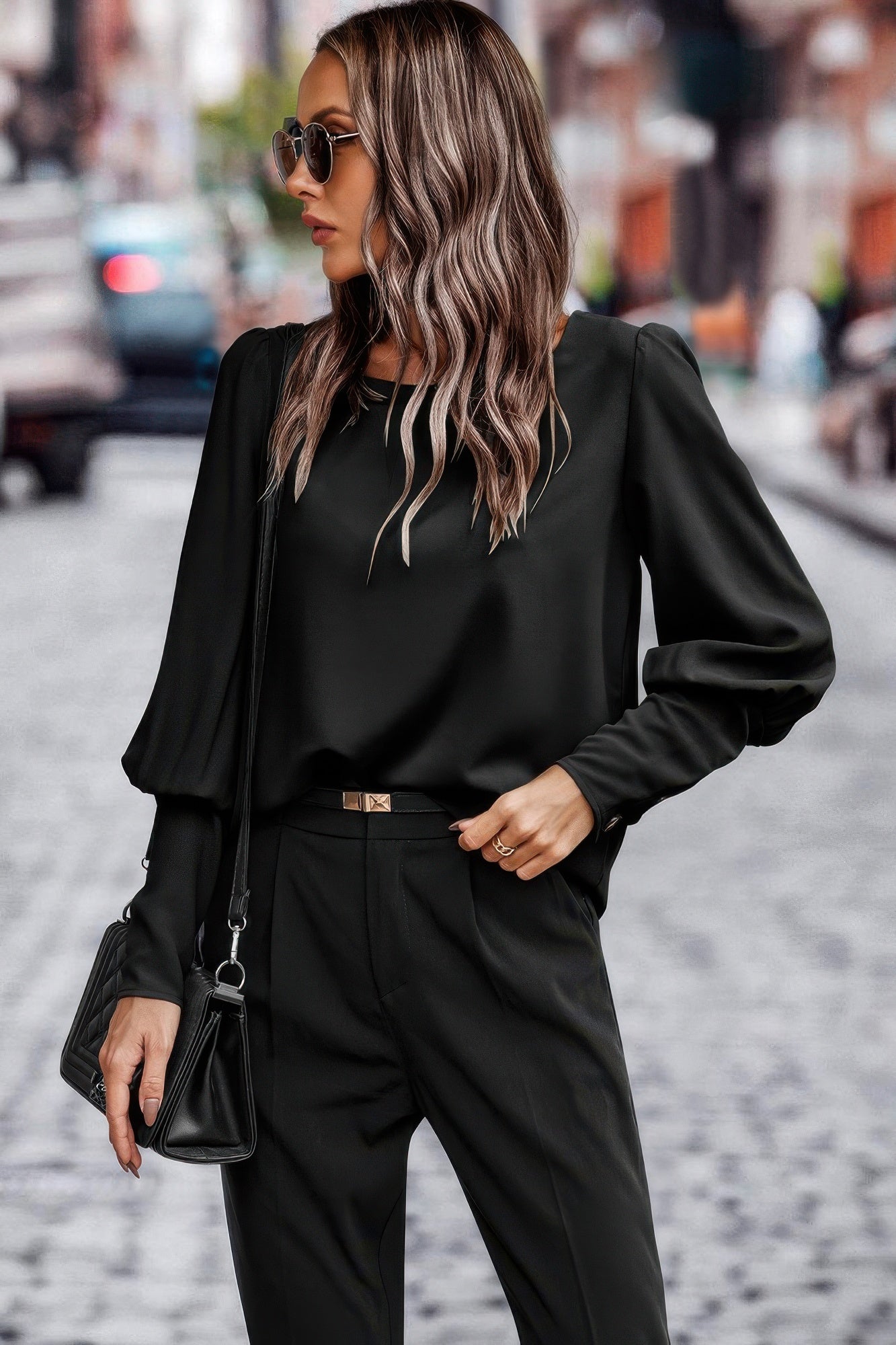 Crew Neck Solid Leg Of Mutton Sleeve Shirt product image