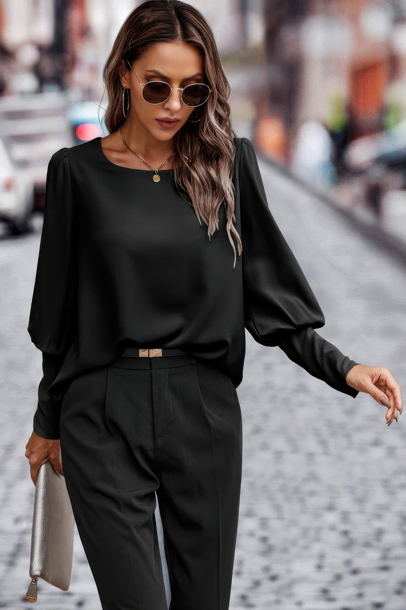 Crew Neck Solid Leg Of Mutton Sleeve Shirt product image