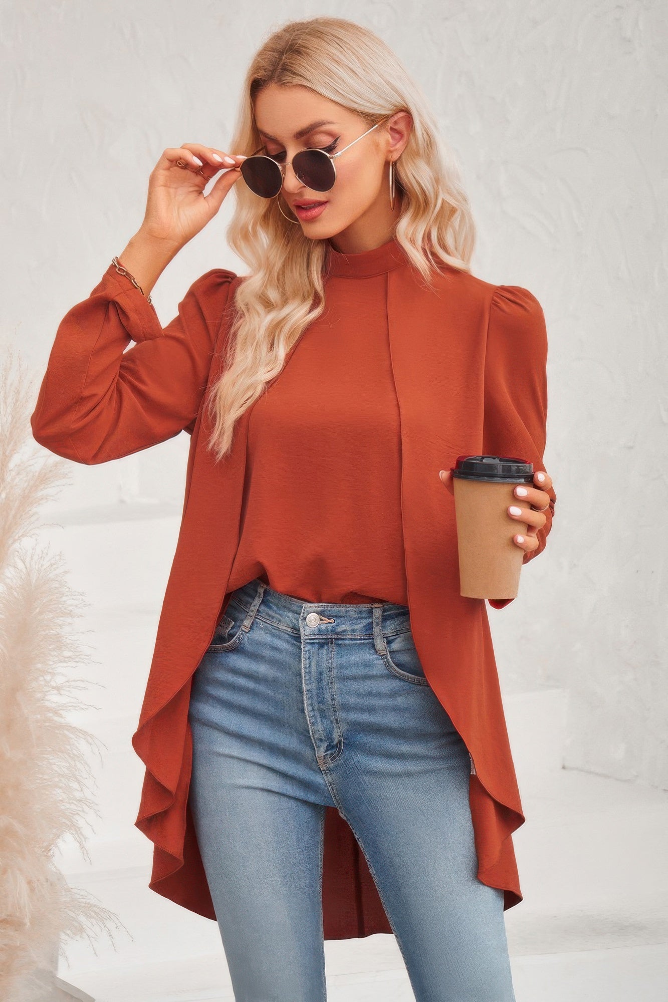 Solid High Low Long Sleeve Blouse product image