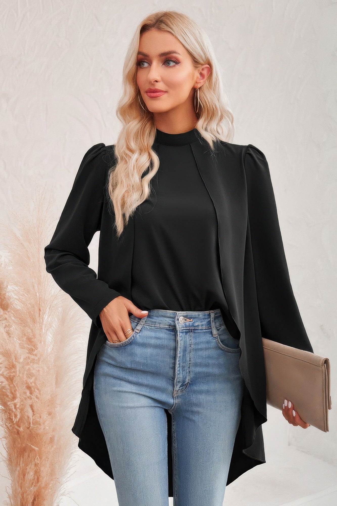 Solid High Low Long Sleeve Blouse product image