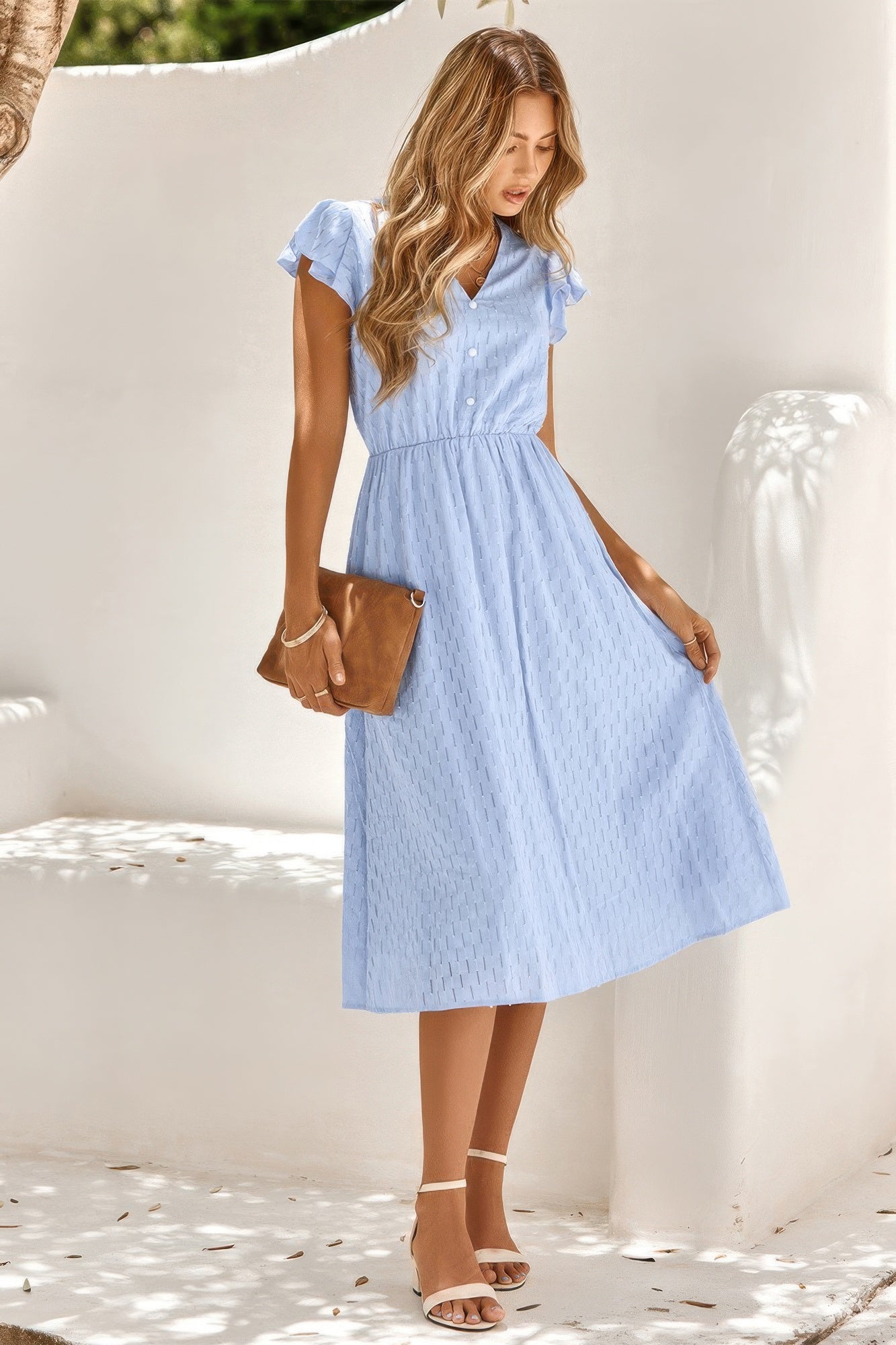V Neck Short Sleeve Solid Ruffle A Line Midi Dress product image