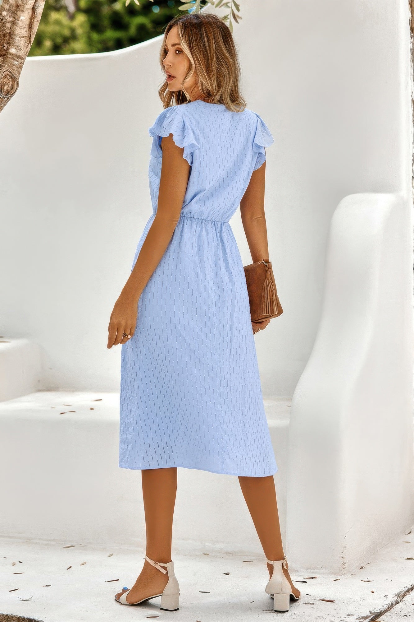 V Neck Short Sleeve Solid Ruffle A Line Midi Dress product image