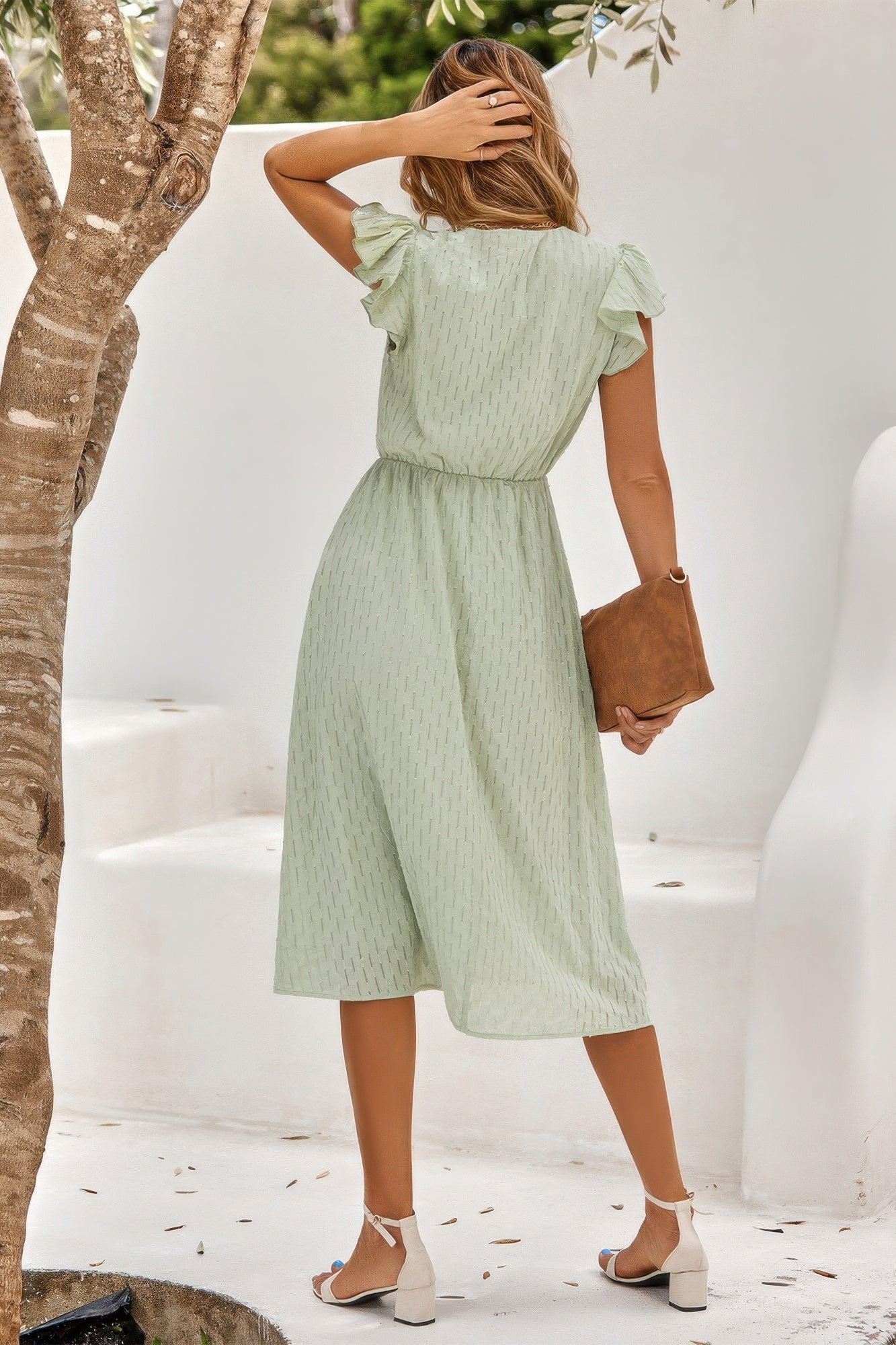 V Neck Short Sleeve Solid Ruffle A Line Midi Dress product image