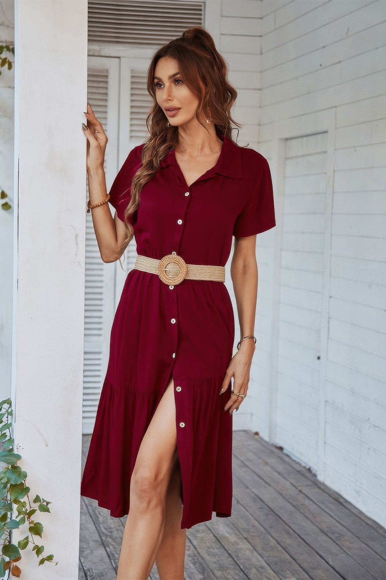 V Neck Short Dress Solid Midi Dress product image