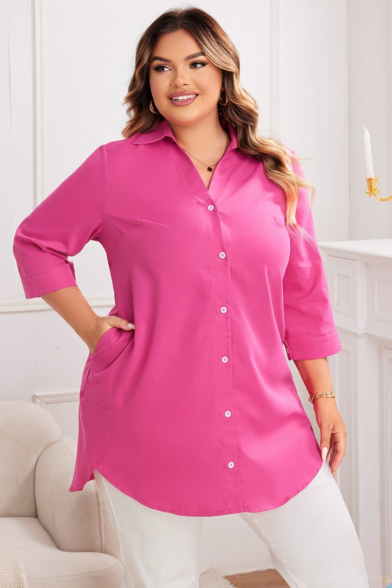 Plus A Line Button Loose Fit Pockets Solid Dress product image