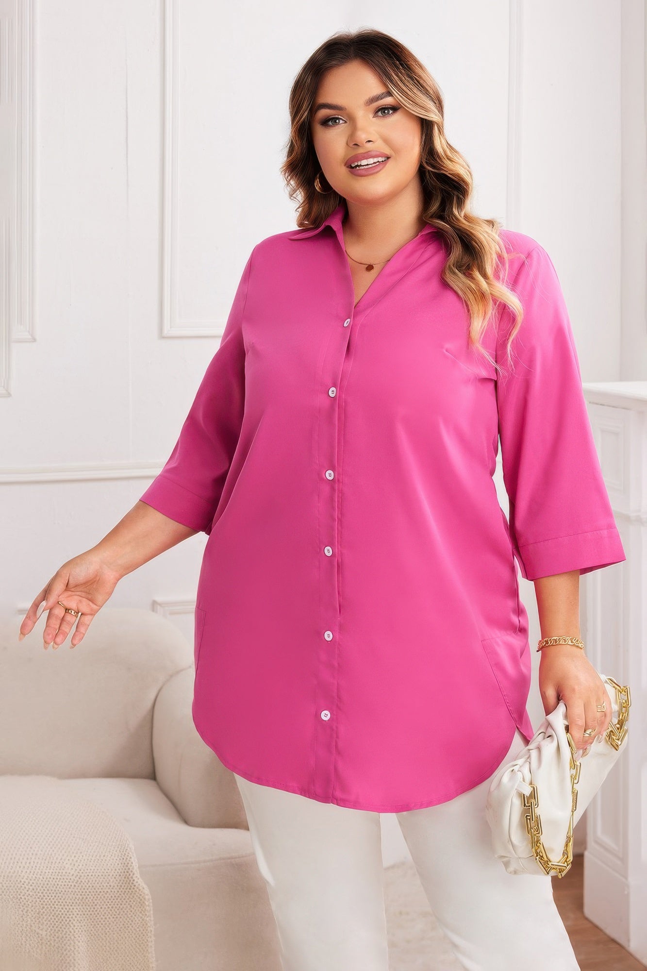 Plus A Line Button Loose Fit Pockets Solid Dress product image