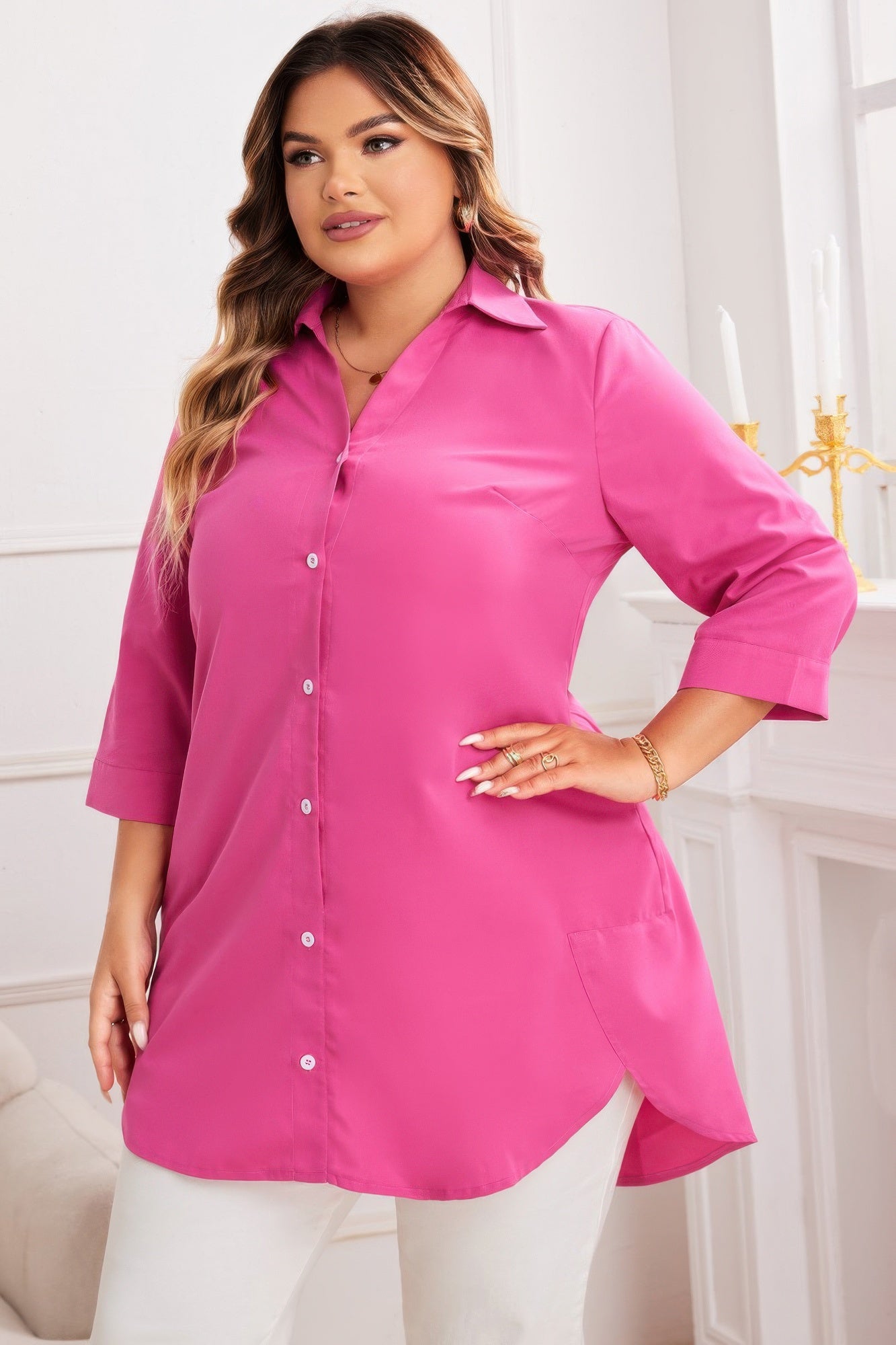 Plus A Line Button Loose Fit Pockets Solid Dress product image