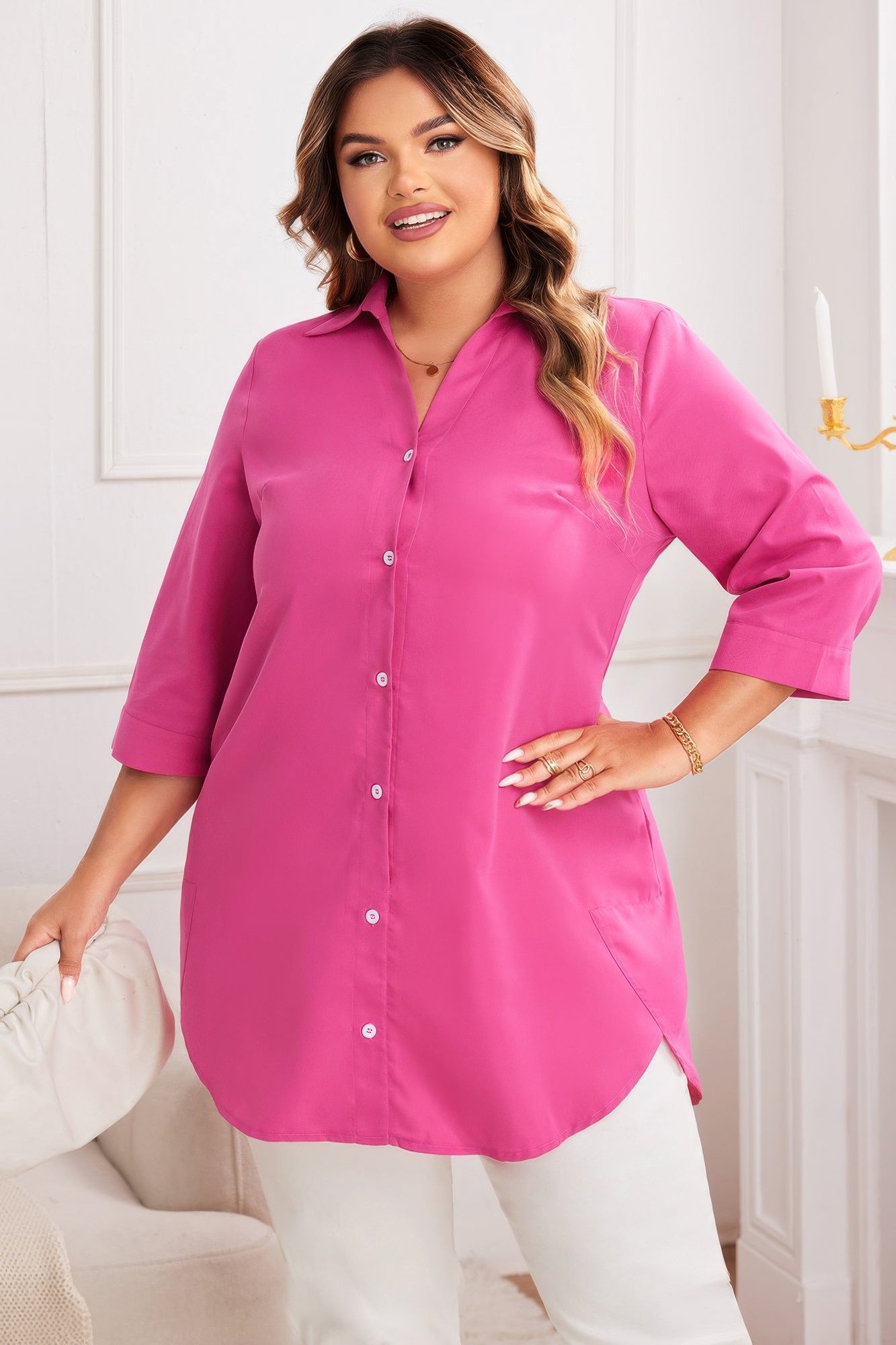 Plus A Line Button Loose Fit Pockets Solid Dress product image