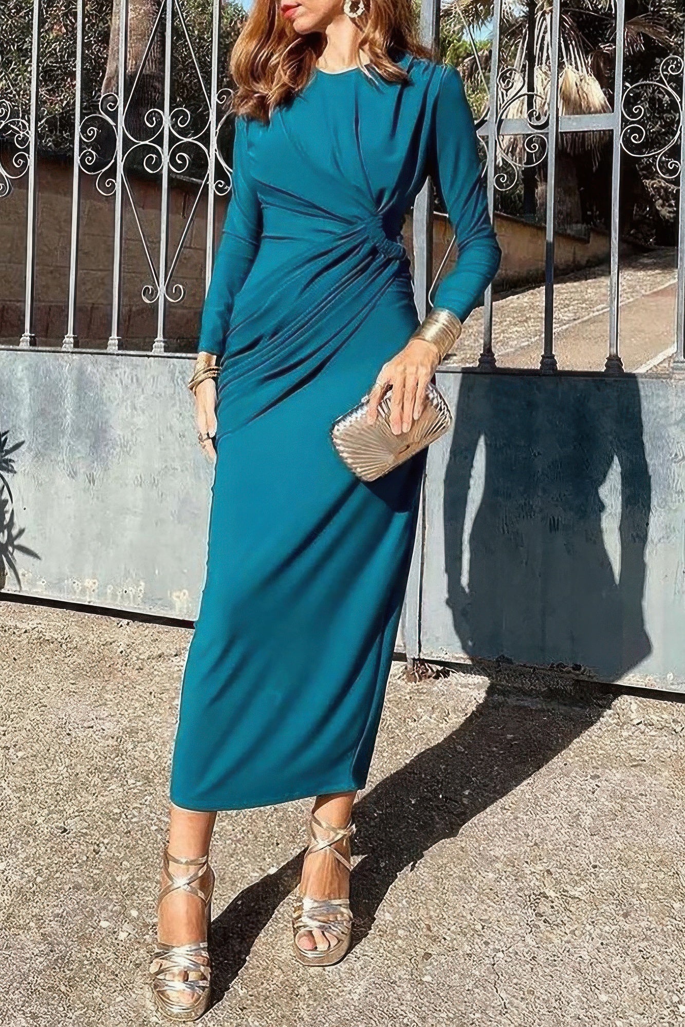 Elegant Round Neck Solid Ruched Wrap Hem Dress product image