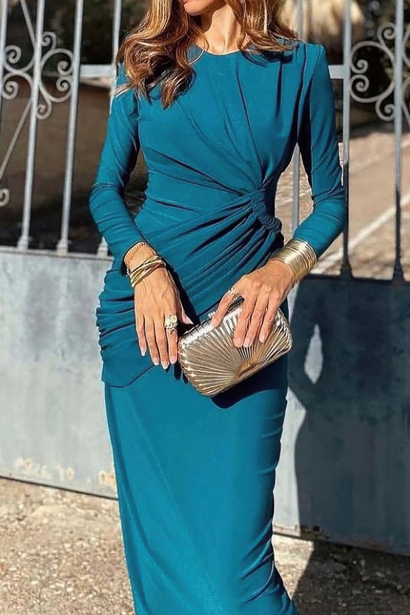 Elegant Round Neck Solid Ruched Wrap Hem Dress product image