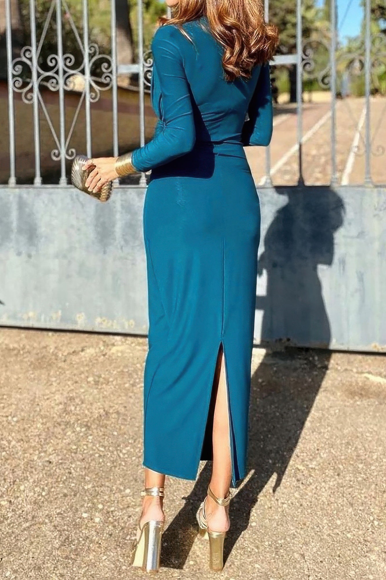 Elegant Round Neck Solid Ruched Wrap Hem Dress product image