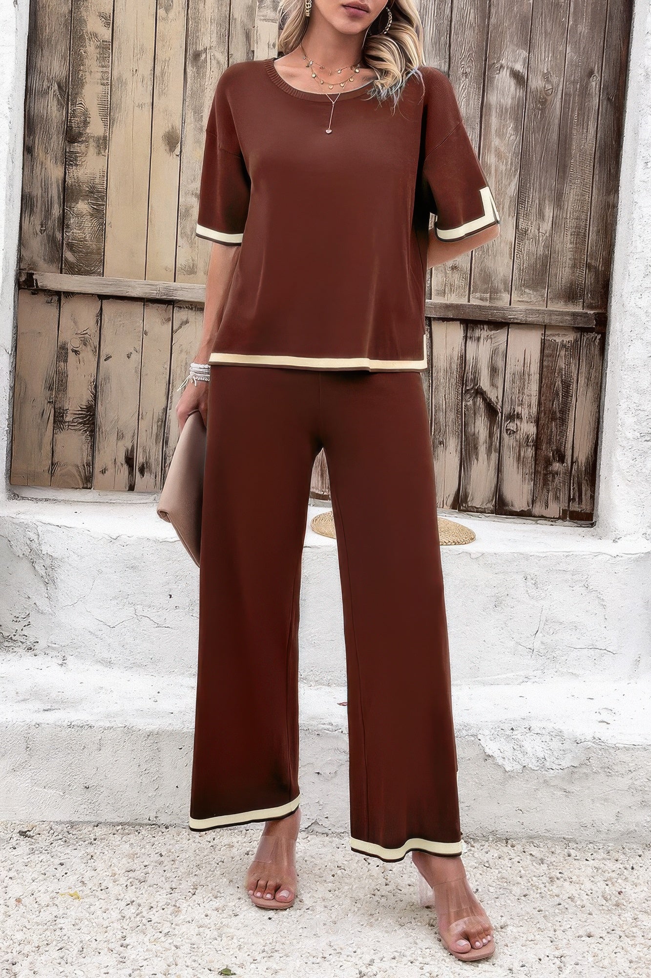 Two Pieces Outfits Knit Short Sleeve Wide Leg Loun product image