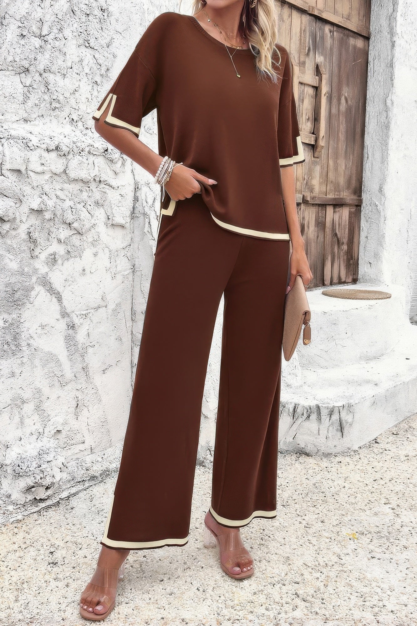 Two Pieces Outfits Knit Short Sleeve Wide Leg Loun product image