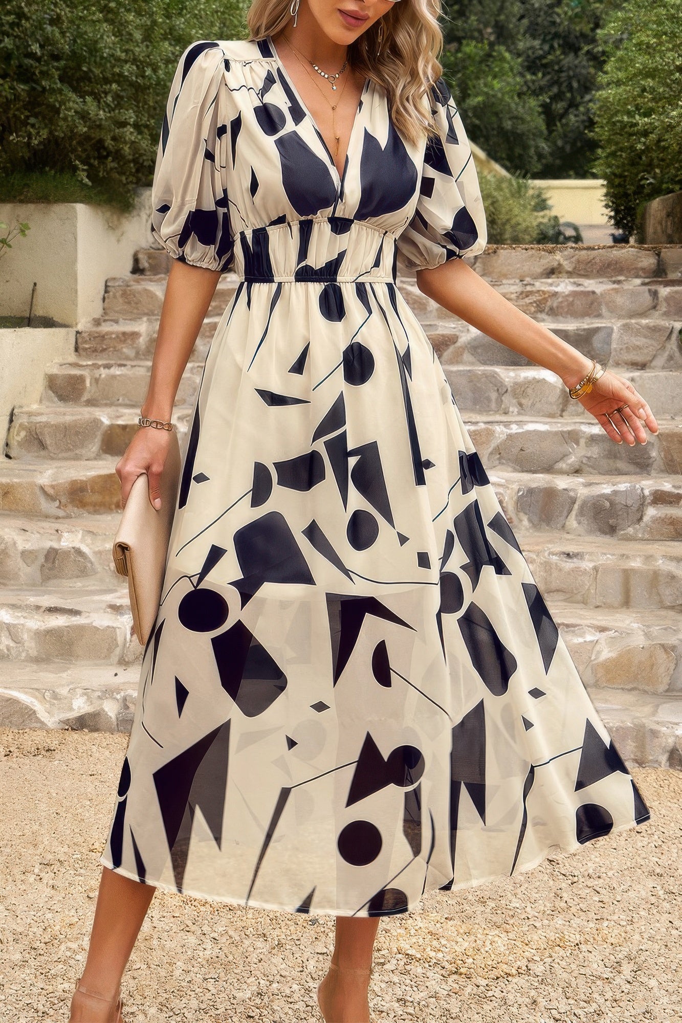 Bohemian V Neck Elastic Waisted Band Midi Dress product image