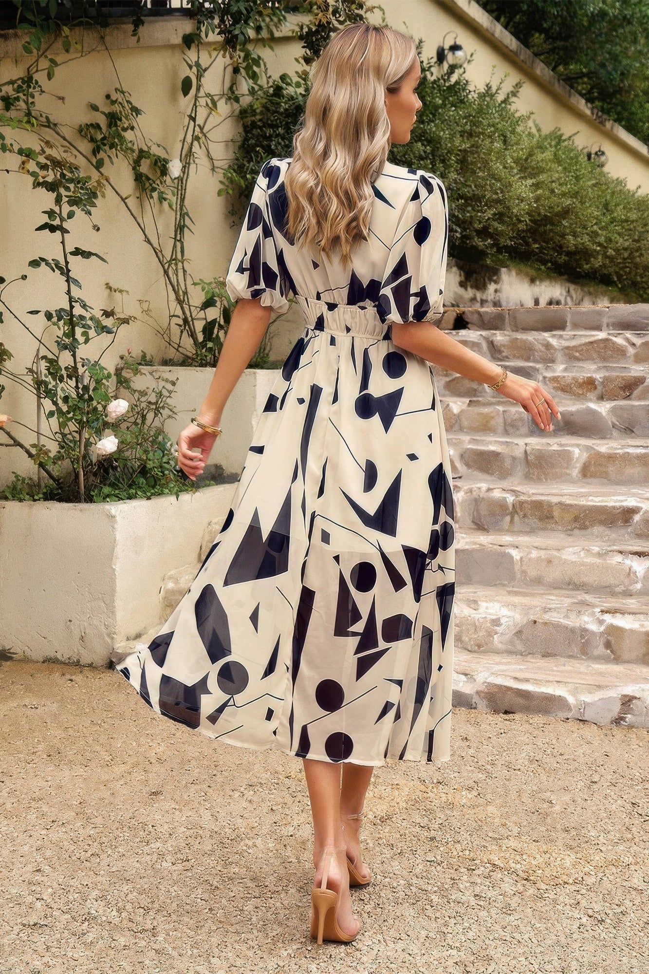 Bohemian V Neck Elastic Waisted Band Midi Dress product image