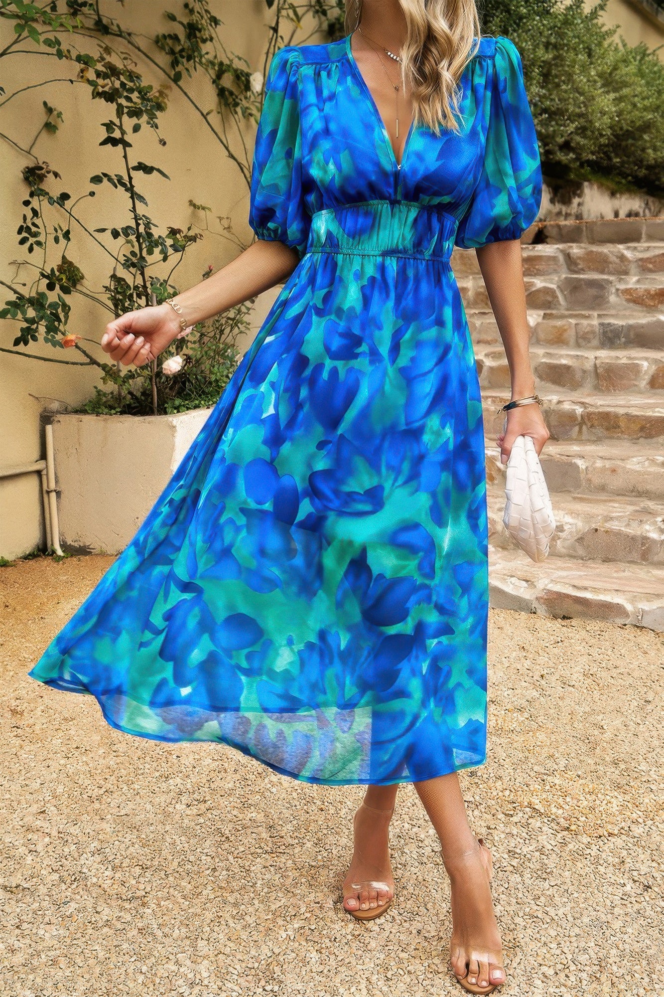 Bohemian V Neck Elastic Waisted Band Midi Dress product image