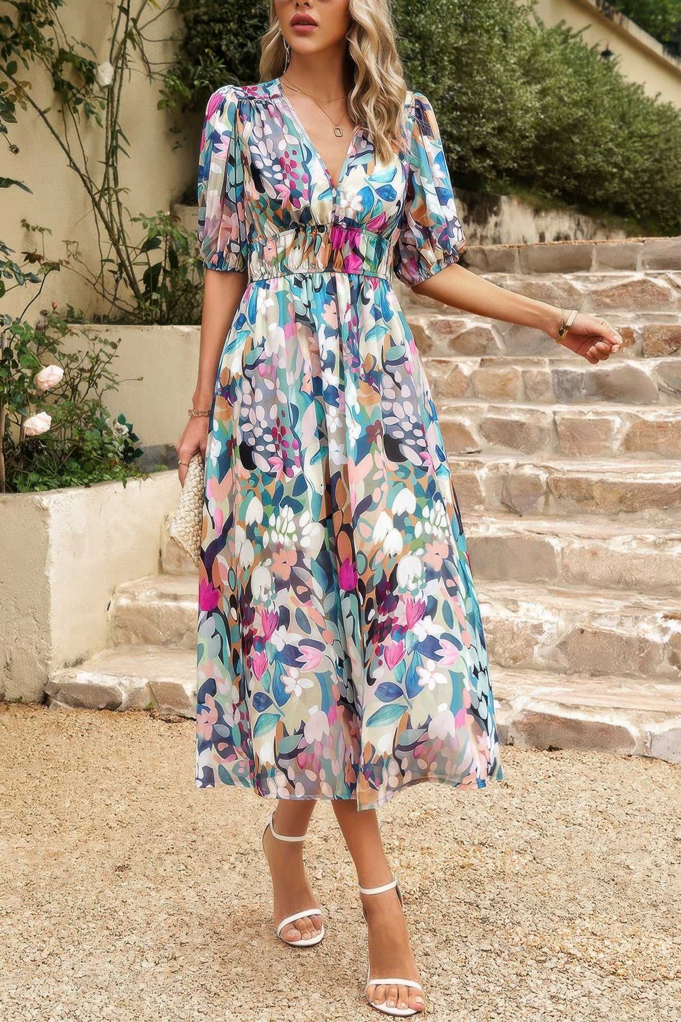 Bohemian V Neck Elastic Waisted Band Midi Dress product image