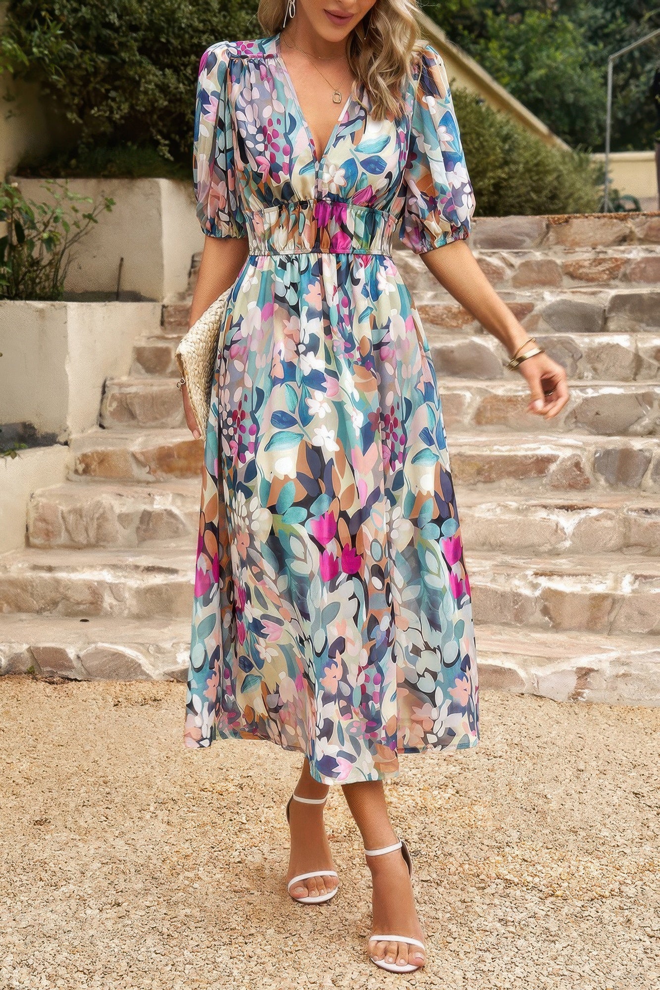 Bohemian V Neck Elastic Waisted Band Midi Dress product image