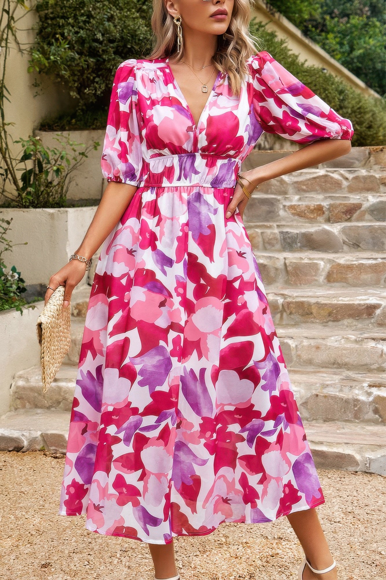 Bohemian V Neck Elastic Waisted Band Midi Dress product image