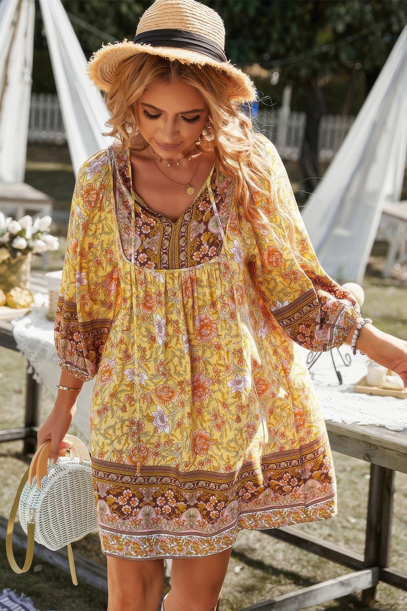Floral V Neck Long Sleeve Boho A Line Dress product image