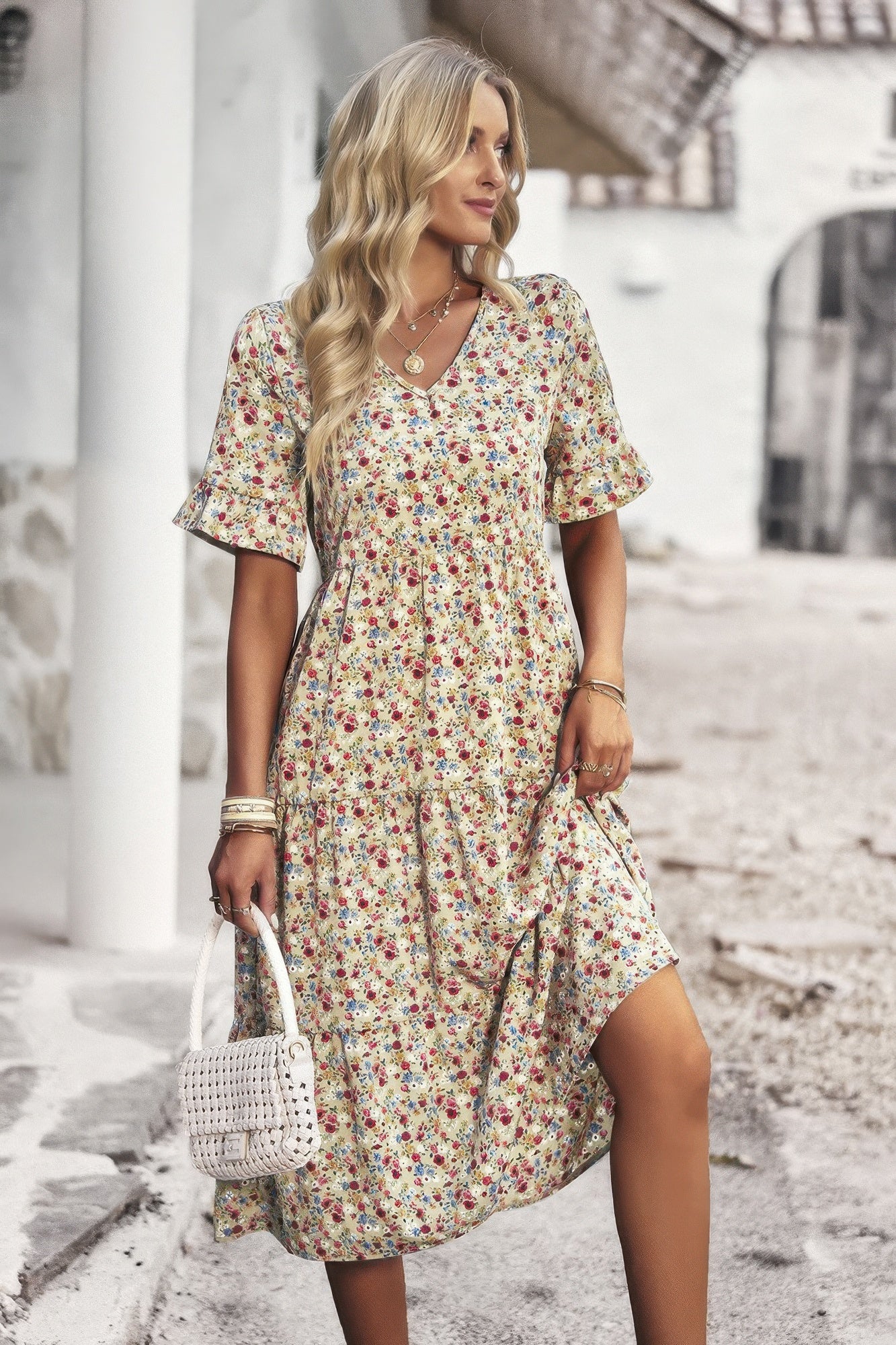 Boho Floral Ruffle Hem V Neck Short Sleeve Dress product image
