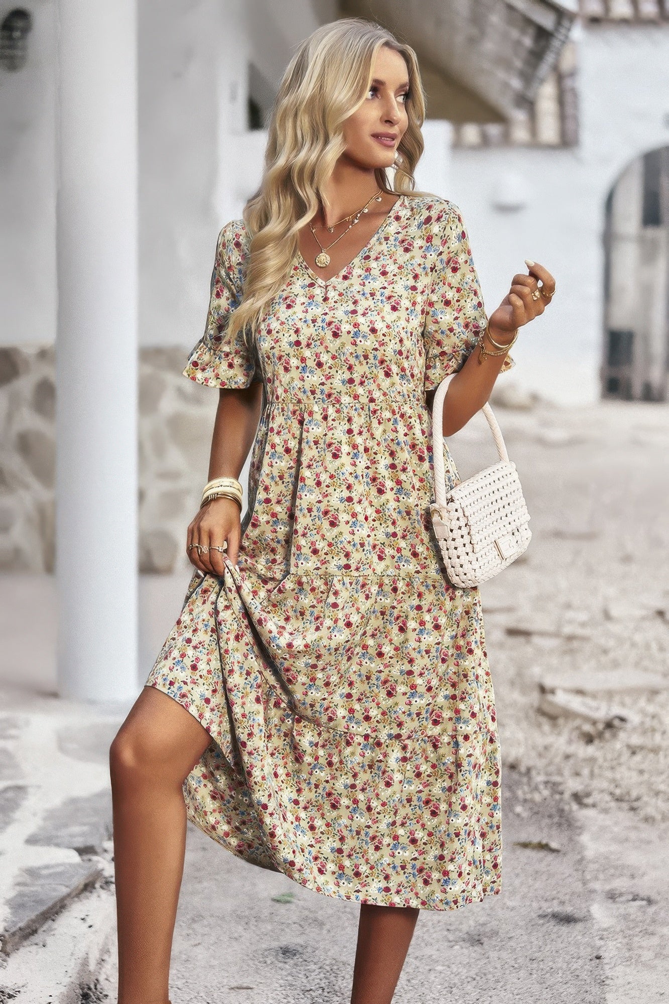Boho Floral Ruffle Hem V Neck Short Sleeve Dress product image