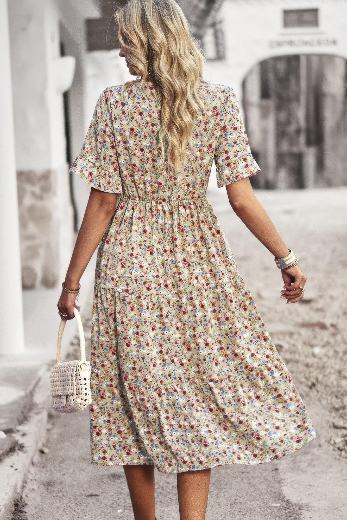 Boho Floral Ruffle Hem V Neck Short Sleeve Dress product image
