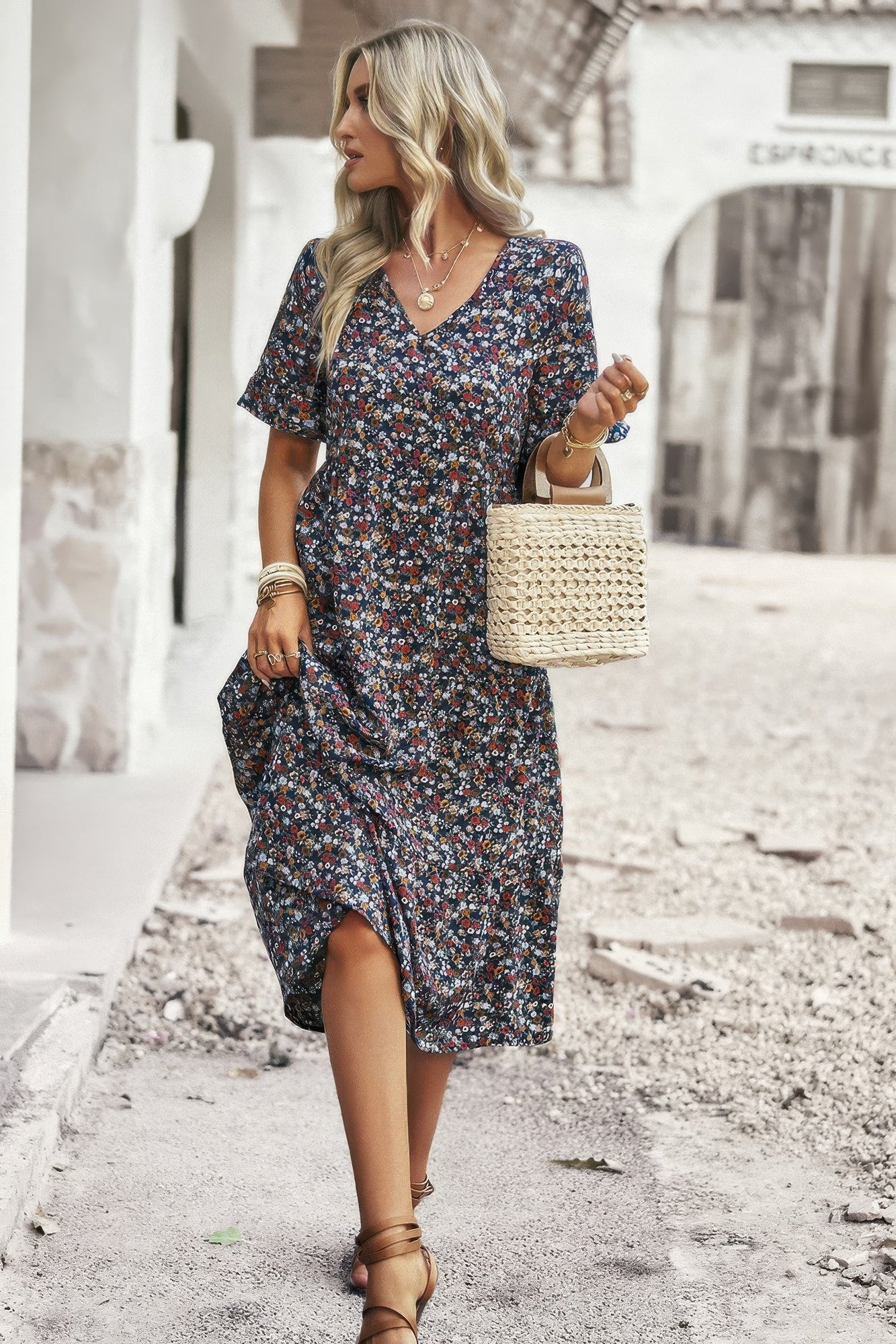 Boho Floral Ruffle Hem V Neck Short Sleeve Dress product image