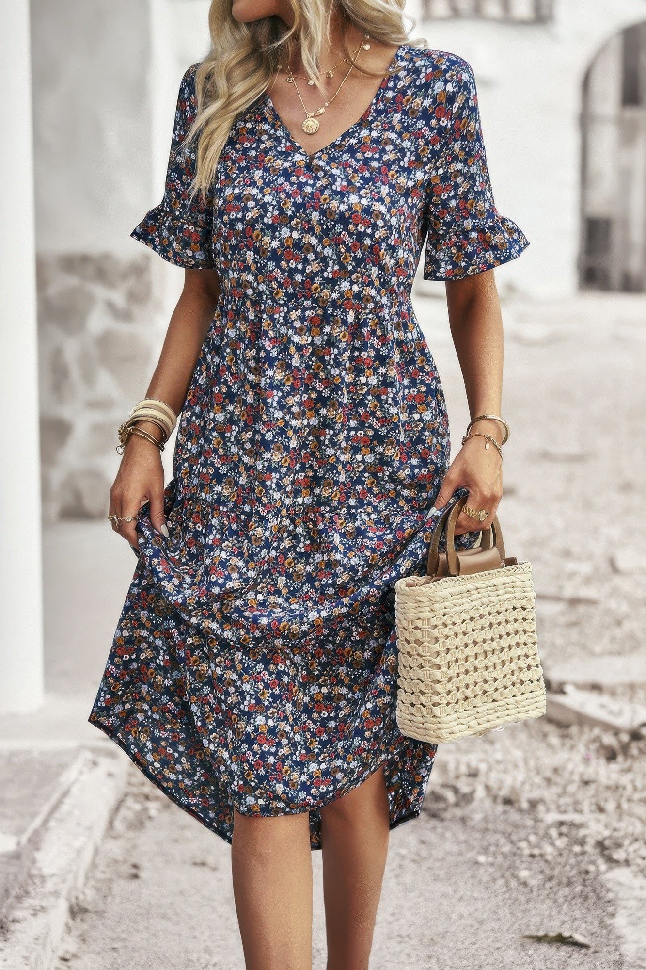 Boho Floral Ruffle Hem V Neck Short Sleeve Dress product image